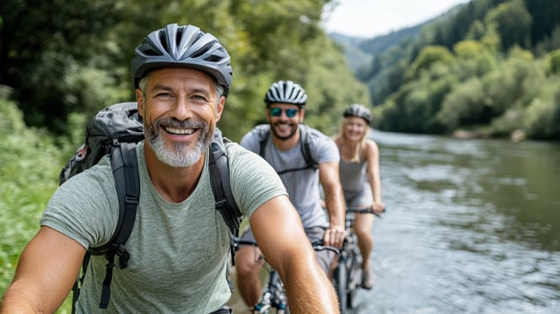 Enjoy leisurely bike ride by river with friends, smiling and happy photo