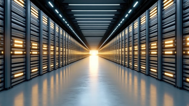 modern warehouse with automated inventory management systems, showcasing bright lights and photo