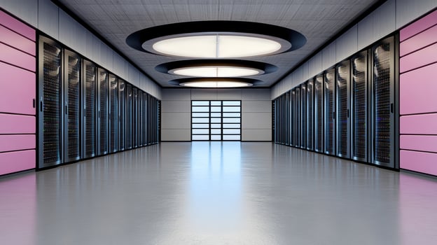 A long hallway with pink walls and black servers photo