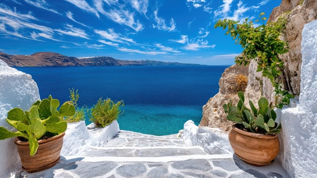 A path leading to a sea view with two pots photo