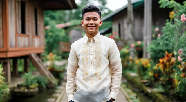 Young asian male in traditional embroidered shirt smiling outdoors in lush garden photo