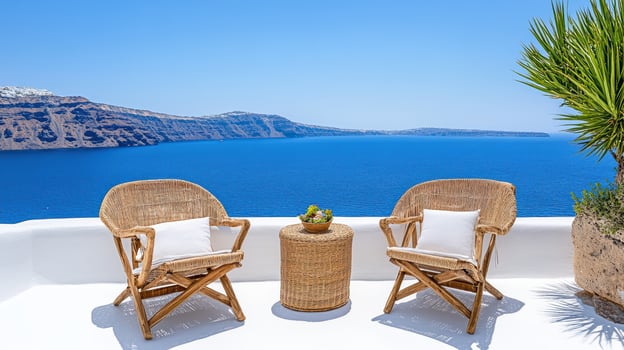 Two wicker chairs sit on a white terrace overlooking the ocean photo