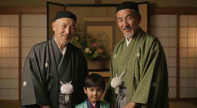 Intergenerational bonding in traditional japanese attire for cultural celebration photo