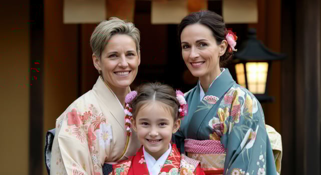 Multigenerational family in traditional japanese attire embracing cultural heritage and togetherness photo