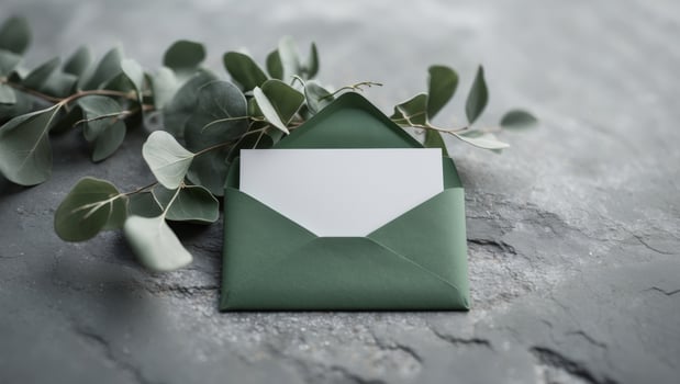 Elegant green envelope with blank card surrounded by eucalyptus leaves on textured gray surface. photo