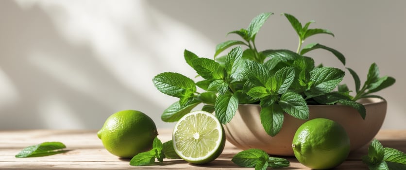 Fresh Limes and Mint Leaves on Wooden Background for Culinary and Beverage Concepts photo