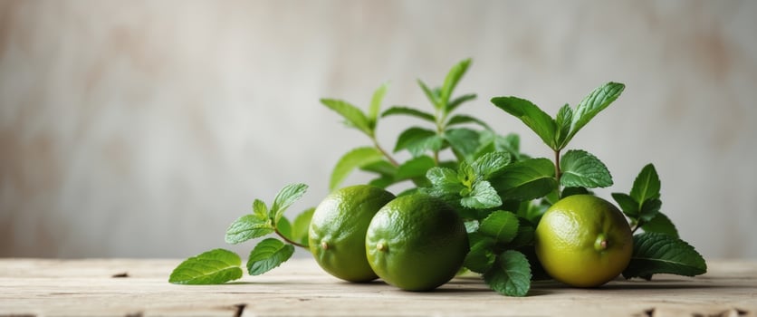 Fresh Limes and Mint Leaves on Wooden Background for Culinary and Beverage Concepts. photo