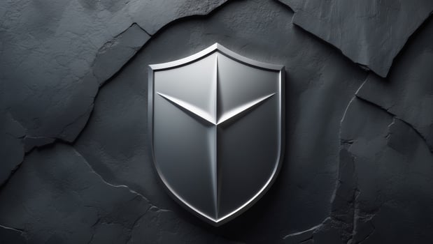 Sleek metallic shield design on a dark textured background with a modern touch showcasing security and protection. photo