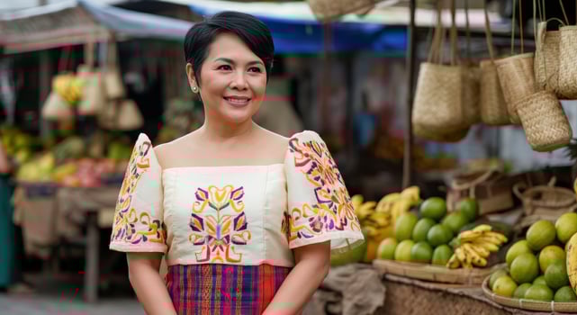 Traditional market scene featuring mature asian woman in vibrant clothing photo