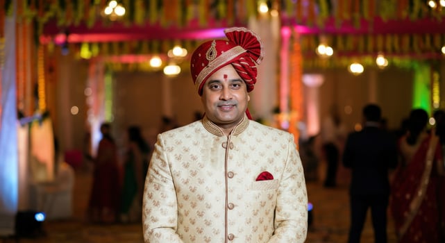 Traditional indian wedding celebration with groom in cultural attire photo