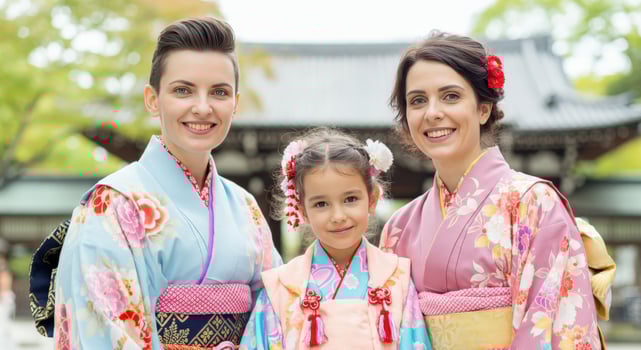 Cultural celebration with women and child in traditional kimono at japanese temple photo
