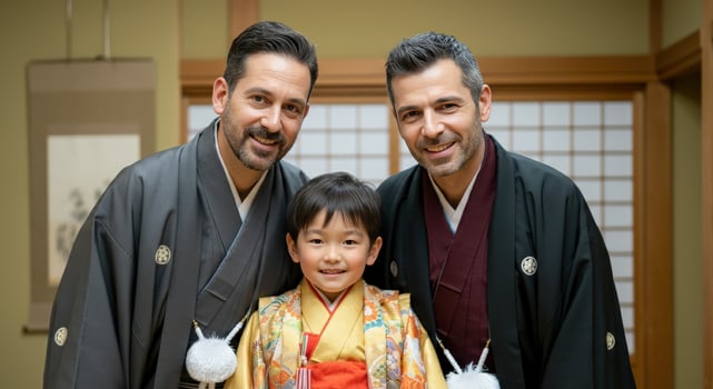 Multicultural family in traditional japanese attire celebrating cultural heritage photo