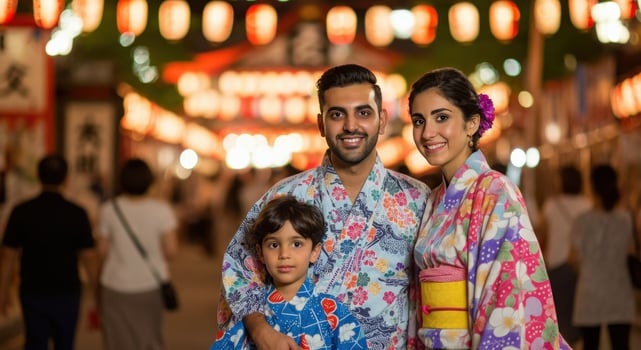 Family enjoying a traditional japanese festival in vibrant yukata attire at night market photo