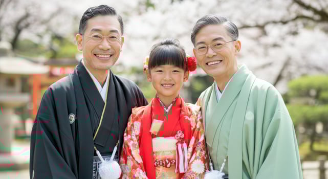 Cherry blossom family portrait with traditional japanese attire for spring celebration photo