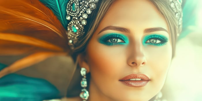 Stunning woman with vibrant makeup and elaborate feather headpiece photo