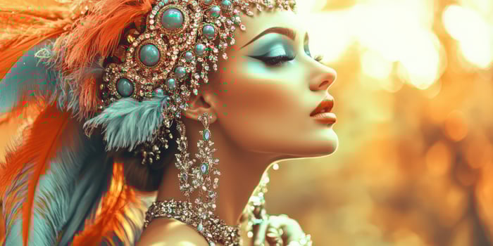 Elegant woman adorned with vibrant jewelry and feathers, showcasing beauty photo