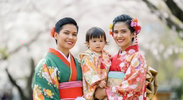 Joyful asian family in traditional kimono celebrating cherry blossom festival photo