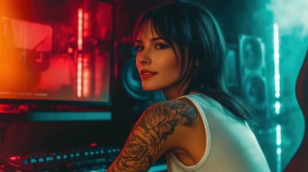 Stylish woman with a tattoo in a vibrant music studio setting photo