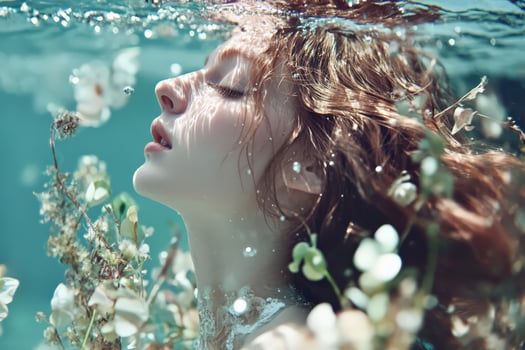 Woman submerged in water surrounded by delicate flowers, embodying tranquility photo