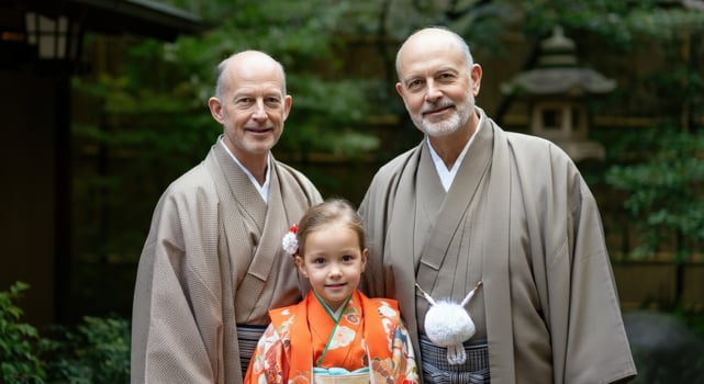 Celebrating tradition in japan with elderly caucasian men and young asian girl in traditional clothing photo