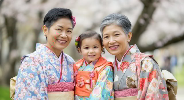 Family portrait of asian women and child in traditional kimono under cherry blossoms photo