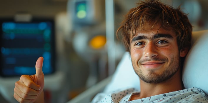 Young patient thumbs up. A young man in a hospital bed smiles and gives a thumbs up, showing his positive recovery spirit. photo