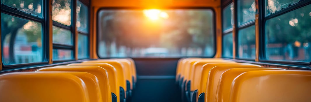 Sunlight streaming through a school bus. Yellow seats line the interior of a school bus as sunset light illuminates the space, creating a warm atmosphere. photo