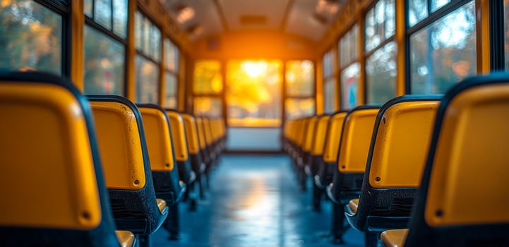 Sunset light fills empty bus interior. Soft sunlight pours through windows of an empty bus, highlighting the yellow seats and creating a warm atmosphere. photo