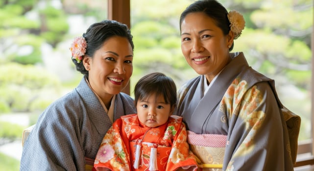 Japanese family portrait in traditional kimono celebrating special occasion outdoors photo