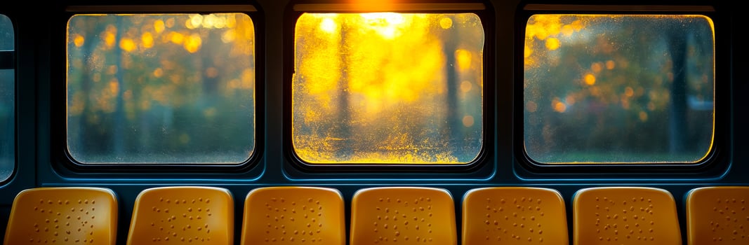 Sunset view from a bus window in autumn. Warm sunlight filters through a bus window, illuminating the seats and creating a cozy autumn atmosphere. photo