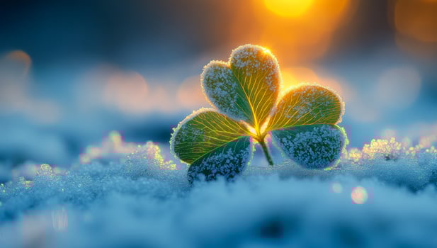 Frosted clover glowing in winter sun. A vibrant clover dusted with frost glows softly as sunlight breaks through the winter landscape. photo