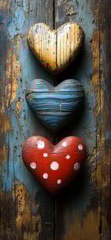 Wooden hearts on rustic wall. Three colorful wooden hearts hang vertically on a weathered wooden surface, showcasing different designs and colors. photo