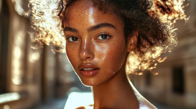 Radiant woman with curly hair and freckles glowing in natural sunlight photo