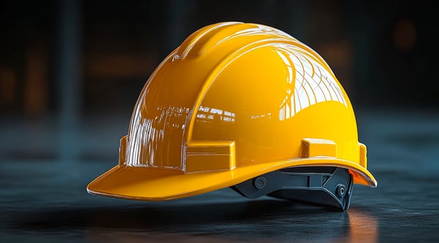 Indoor yellow construction hat. A bright yellow construction helmet rests on a dark surface in a well-lit indoor area, highlighting its design. photo