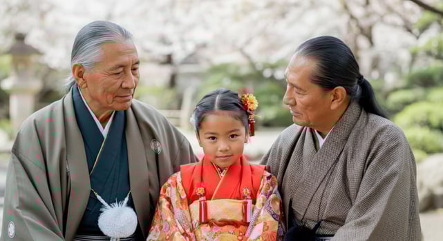 Intergenerational bonding in traditional japanese garden with elderly men and young girl in kimono photo