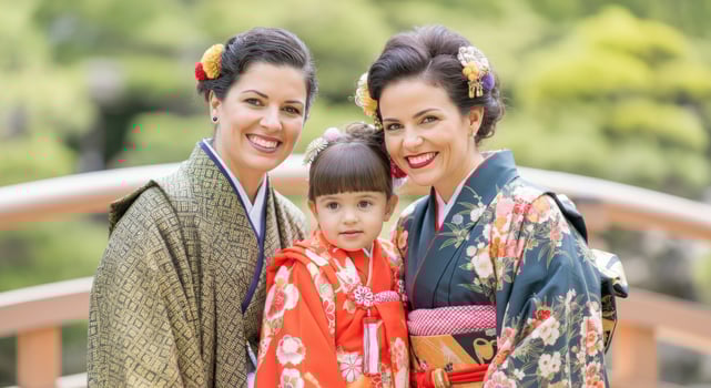 Three generations in traditional kimono on scenic bridge photo