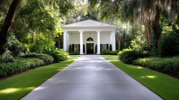 A white gazebo sits in the middle of a lush green lawn photo