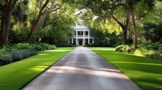 A long driveway leads to a white house photo