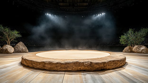 A stage with a large wooden circle in the middle photo