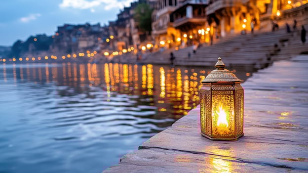 serene lantern by Ganges River, reflecting warm lights at dusk photo