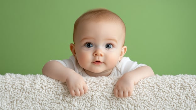 A baby is looking over a white blanket photo