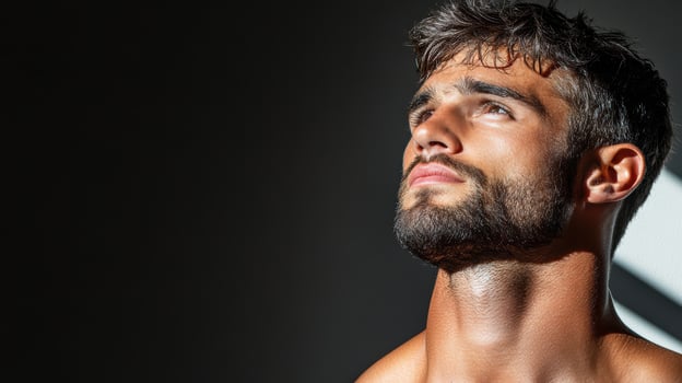 A man with a beard and no shirt on photo
