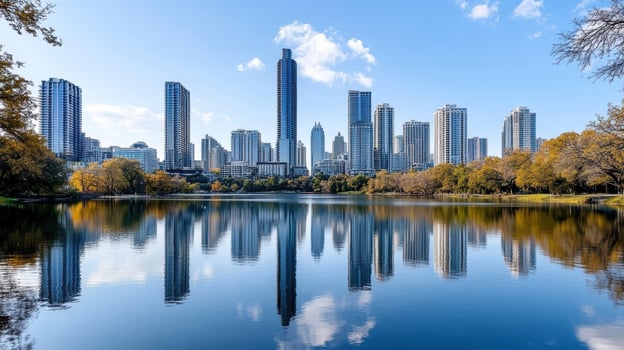 A lake with tall buildings in the background photo