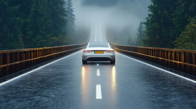 Car driving on a bridge in the fog photo