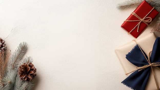 Christmas gifts on a white background with pine cones photo