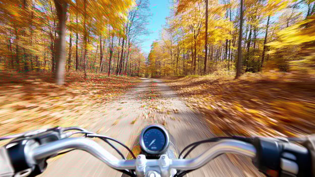 Motorcycle speeding through vibrant autumn landscape with colorful leaves photo