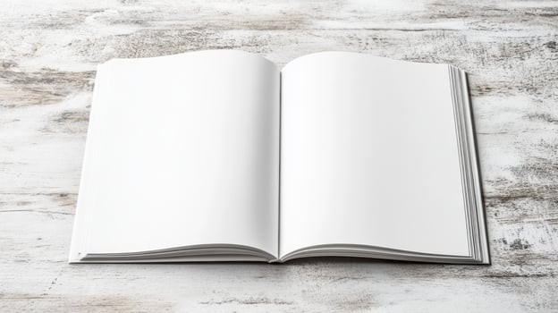 open blank magazine on rustic wooden surface invites creativity photo