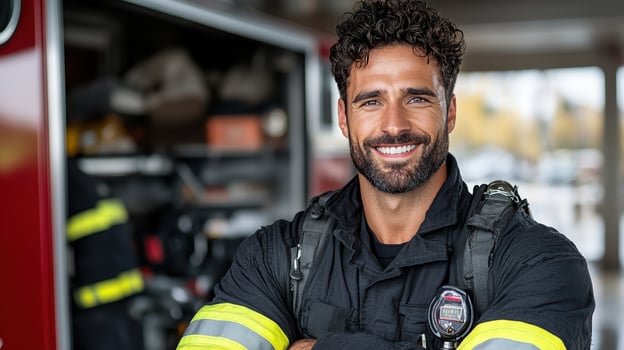 A man with a beard and a fireman uniform photo