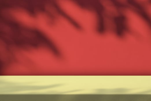 Brown Table with Leaves Shadow on Red Wall Background photo