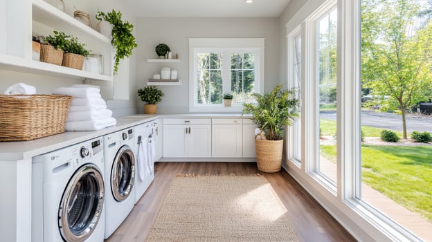 bright laundry room with modern appliances and natural light photo